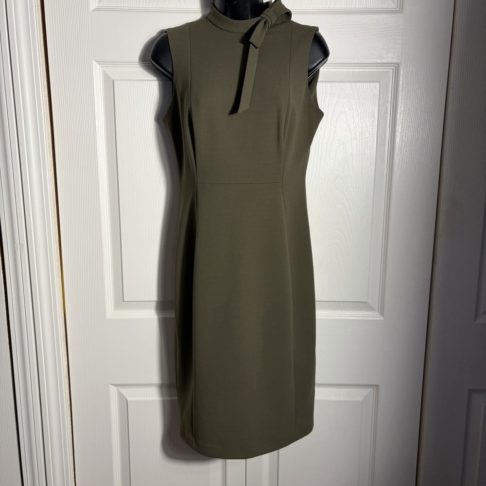Calvin Klein Sleeveless Sheath Dress Women 4 Olive Green Mock Neck Tie Career